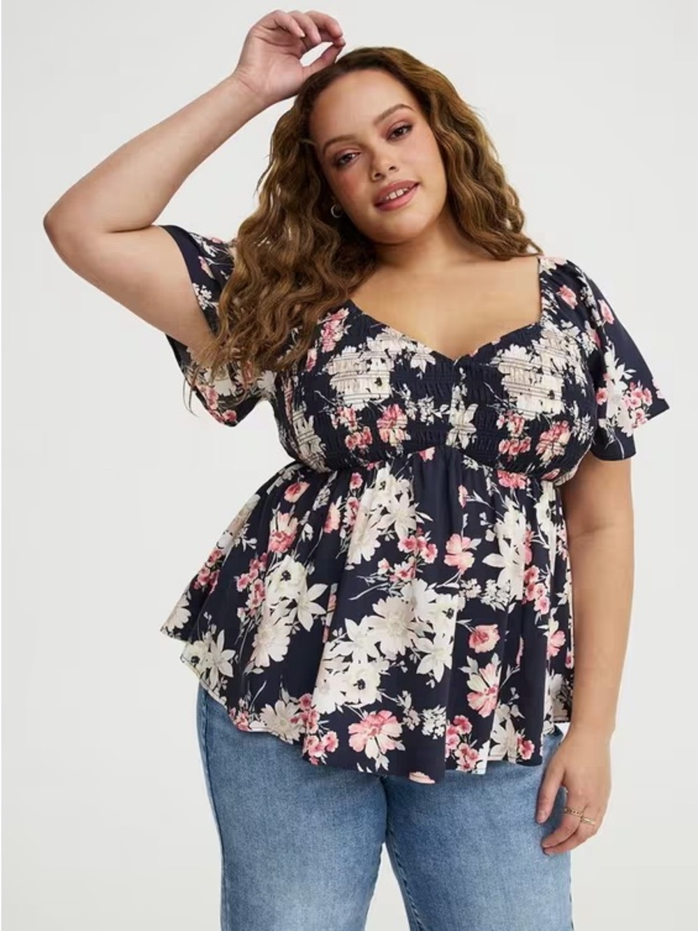torrid Navy Floral Smocked Peplum Top with Pink & White Blossoms